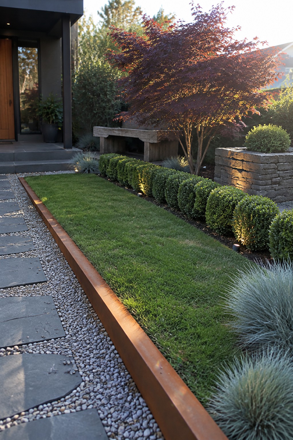 A narrow strip of green lawn edged by a long metal border next to a gravel path with gray stone pavers, with rounded shrubs planted along the far side.