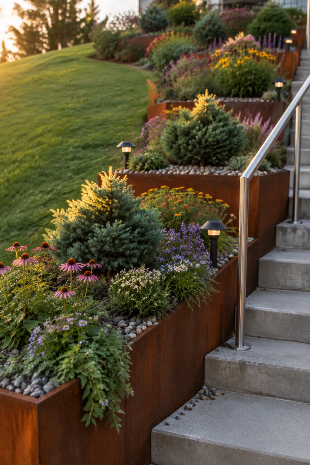 Terraced raised beds made of rusted metal line a concrete staircase on a grassy hillside, filled with shrubs, flowers, and gravel.