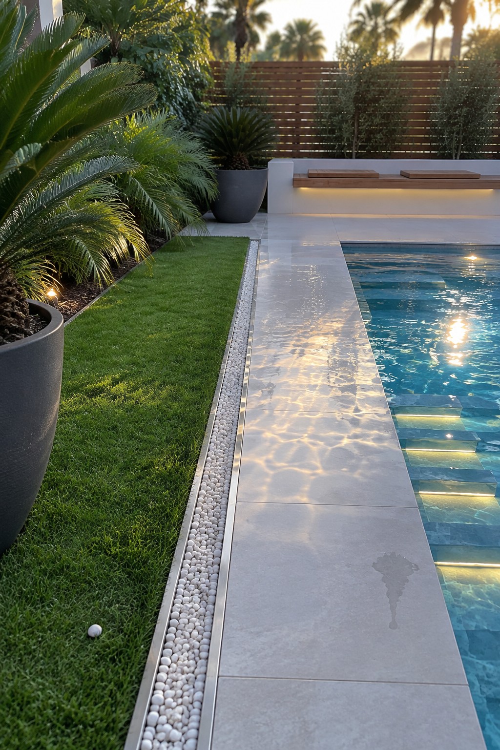 Luxurious pool with illuminated steps, pebble border, and tropical plants on tiled patio