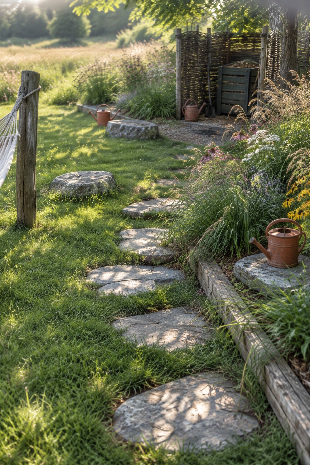 A garden path made of irregular flat stones set into green grass, with a wooden log edging separating the path from flower beds on the right.