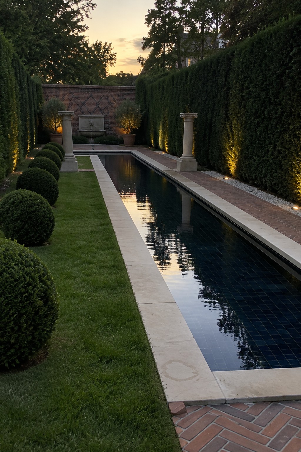 Long rectangular pool with stone columns, hedges, and fountain at sunset
