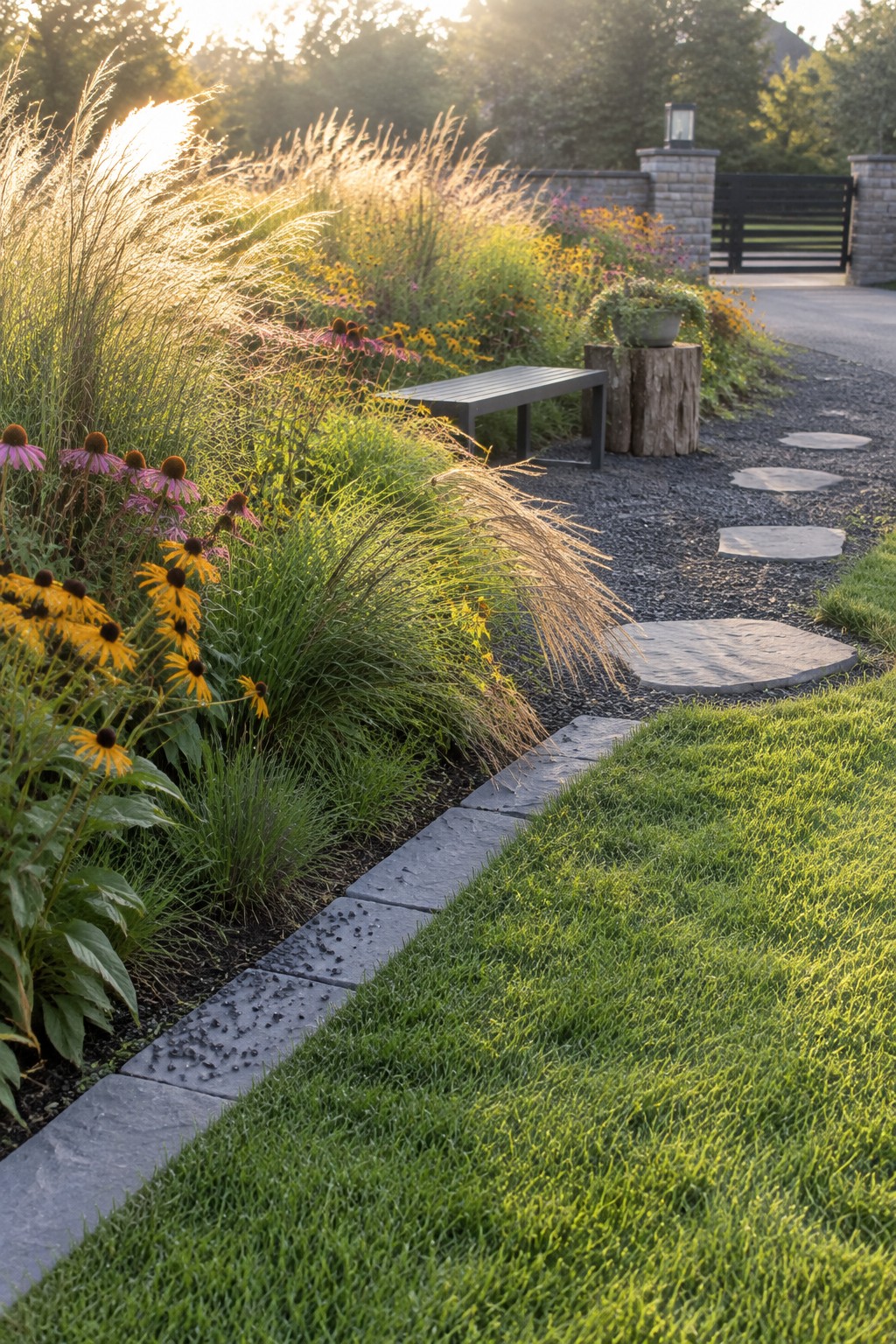A garden scene showing flat gray stone edging separating a lush green lawn from a gravel path and planted beds with yellow and pink flowers.