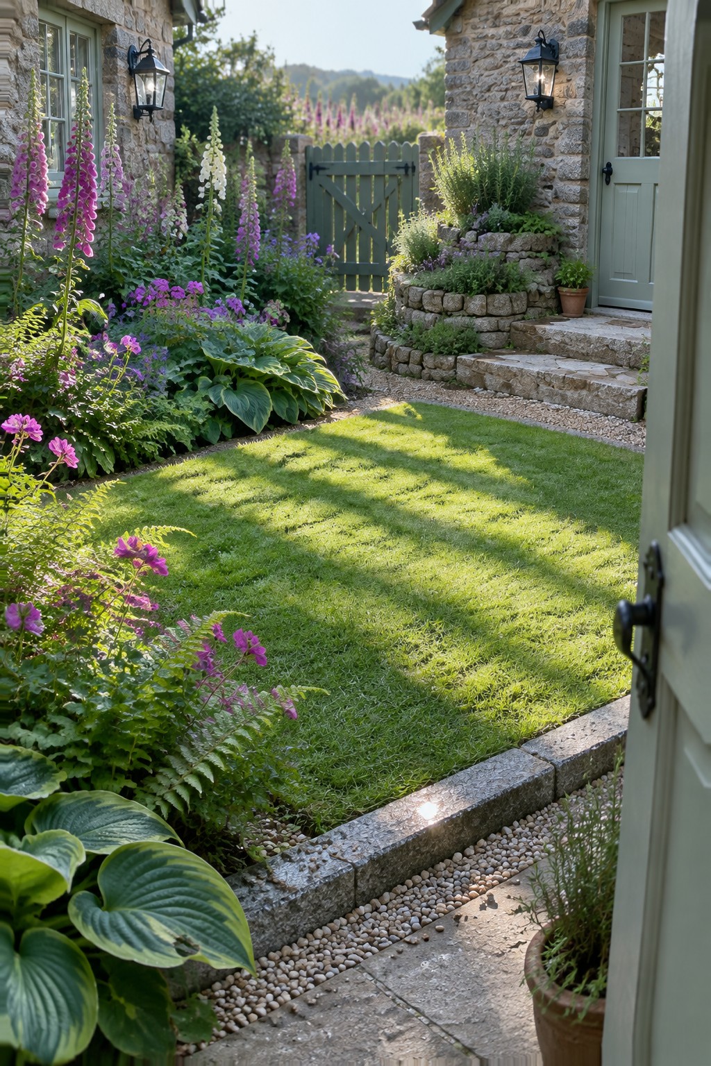 A stone cottage garden with a neatly edged lawn bordered by low stone and colorful flower beds next to a gravel path.