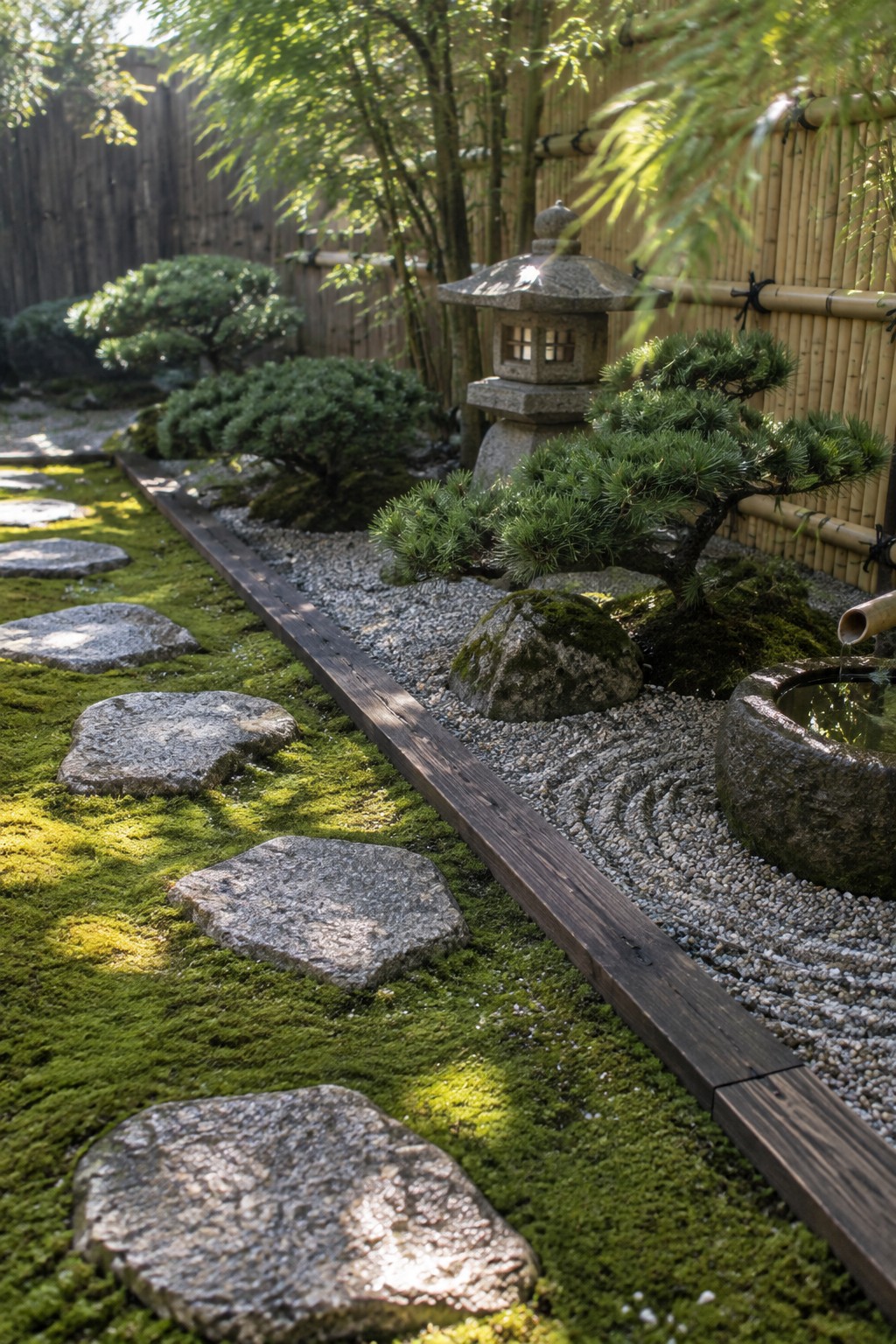 A narrow garden strip shows moss with large stepping stones on one side of a dark wooden beam and raked gravel with a stone lantern and water basin on the other.