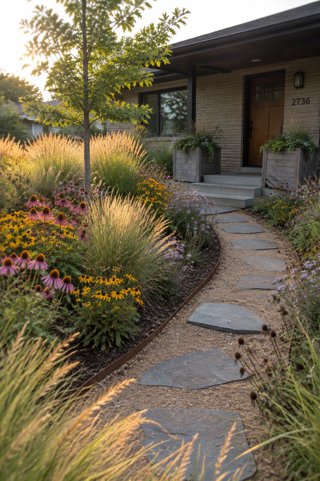 A curved gravel path with large gray stepping stones runs through beds of native purple coneflowers, yellow flowers, and tall grasses toward the entrance of a brick house.
