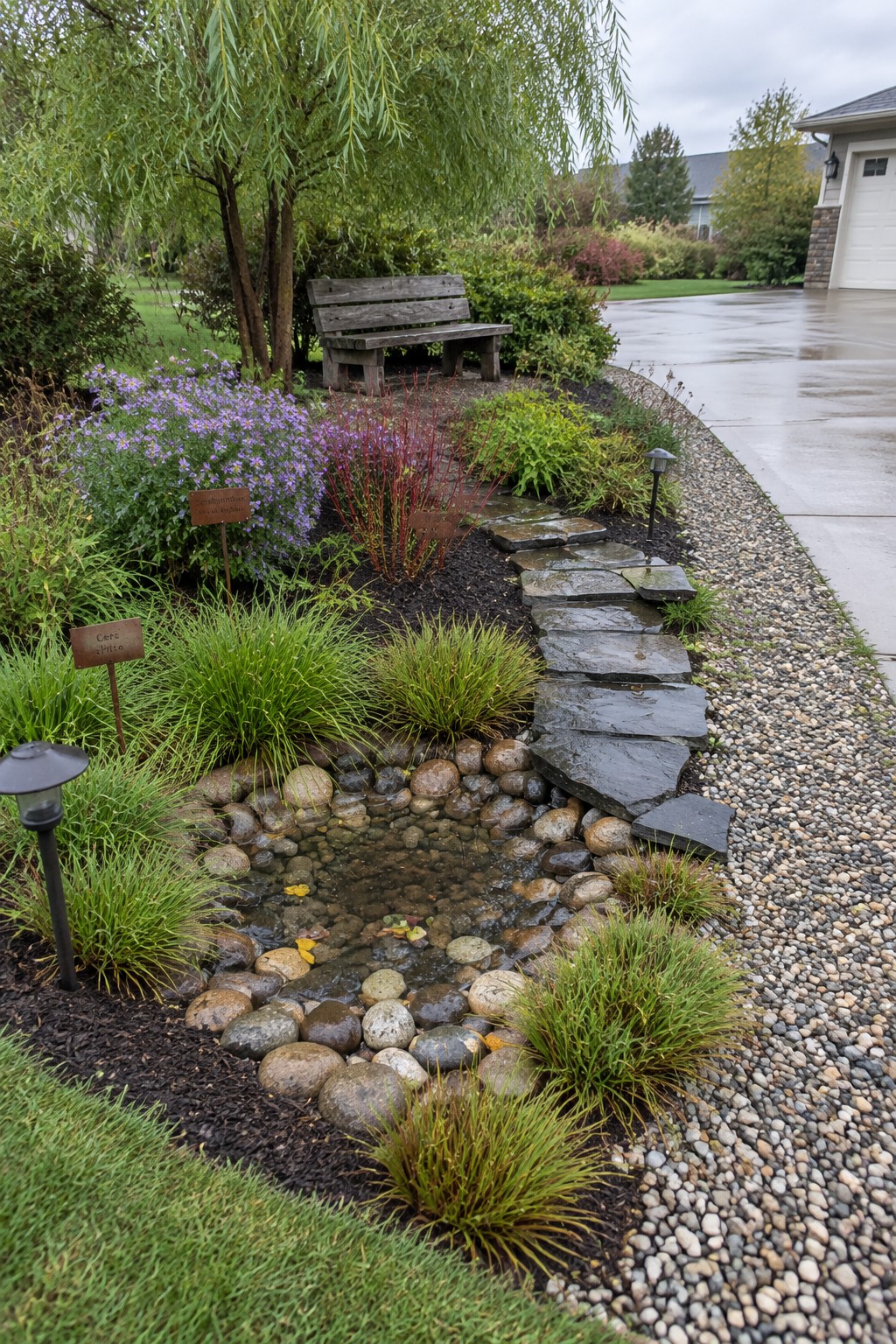 A backyard landscaping scene shows a small pond edged with rocks and native grasses and flowers, a winding stone path, and a wooden bench in the background.