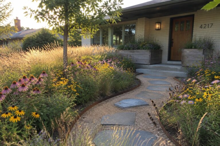 18 Inspiring Native Plant Landscaping Ideas for Residential Yards A curved gravel path with large gray stepping stones runs through beds of native purple coneflowers, yellow flowers, and tall grasses toward the entrance of a brick house.