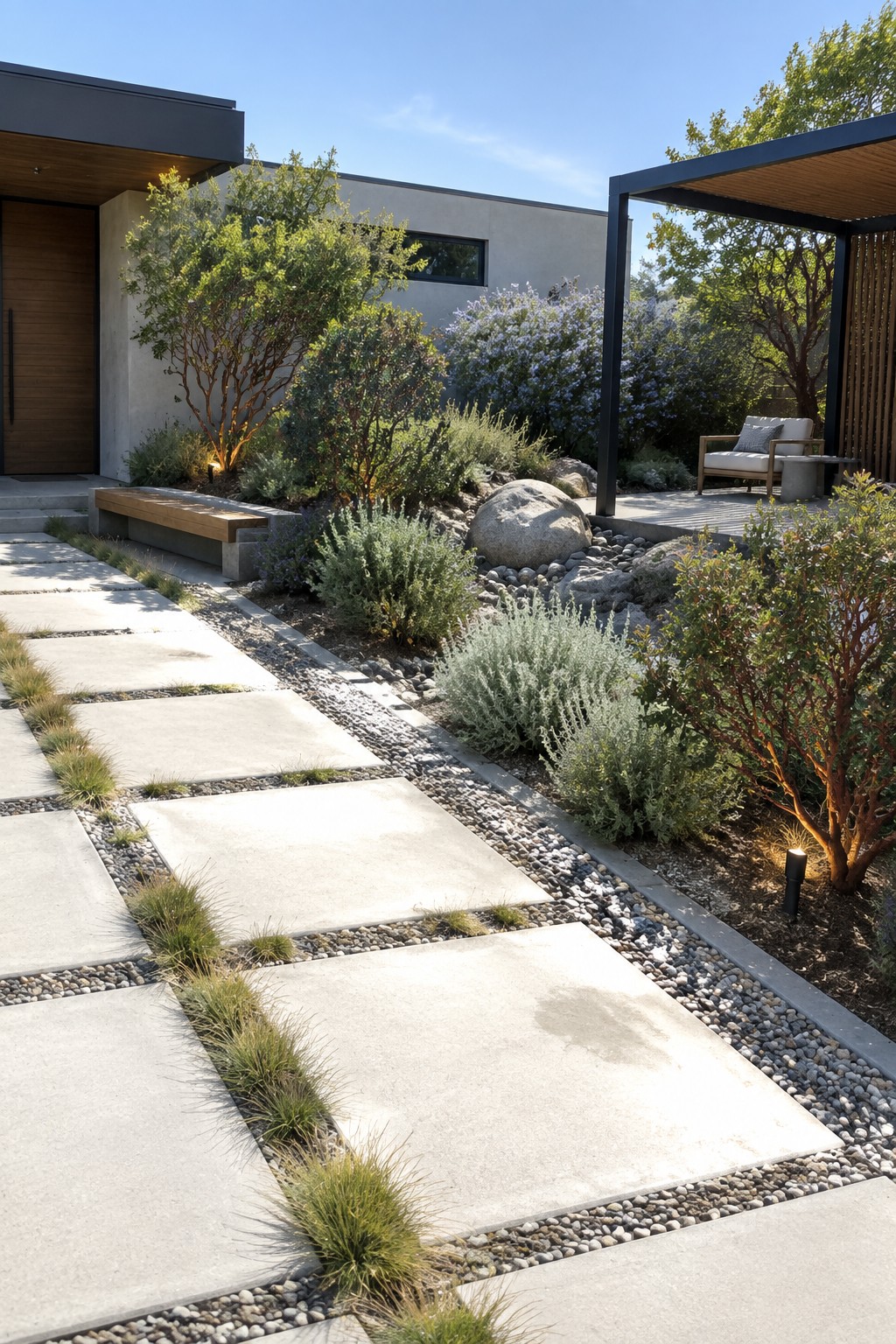Concrete pavers separated by gravel strips form a path through a yard planted with native shrubs, grasses, and trees beside a modern house.