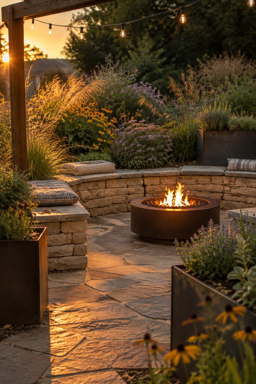 A backyard patio with a round metal fire pit surrounded by stone walls, cushions, and layered beds of tall native grasses and flowering perennials at sunset.