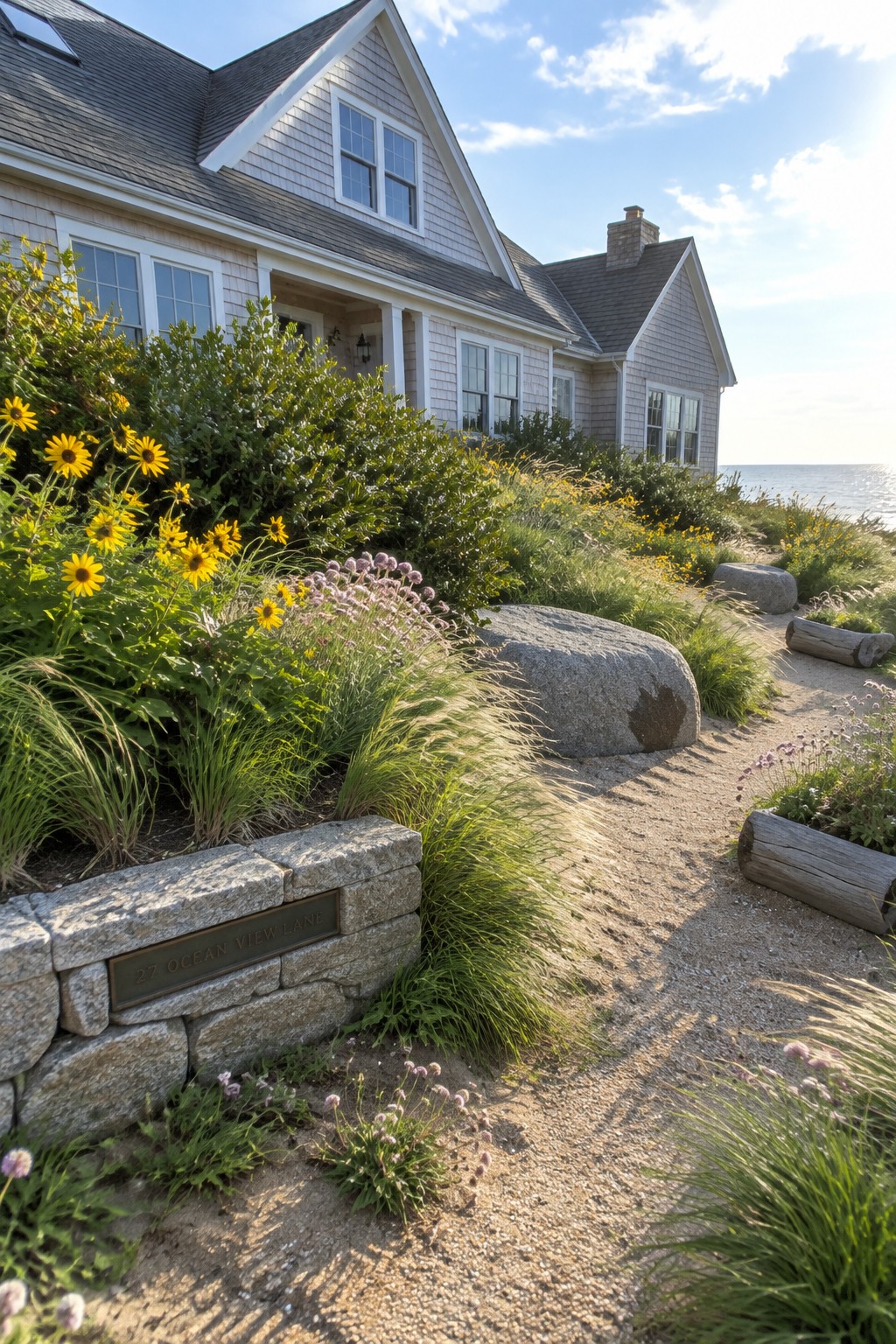 Gray shingled house with yellow flowers, stone wall, and sandy path to ocean