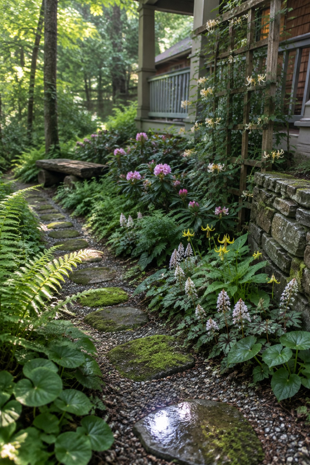 A winding path of mossy stepping stones runs through layered native shrubs and flowers beside a house.