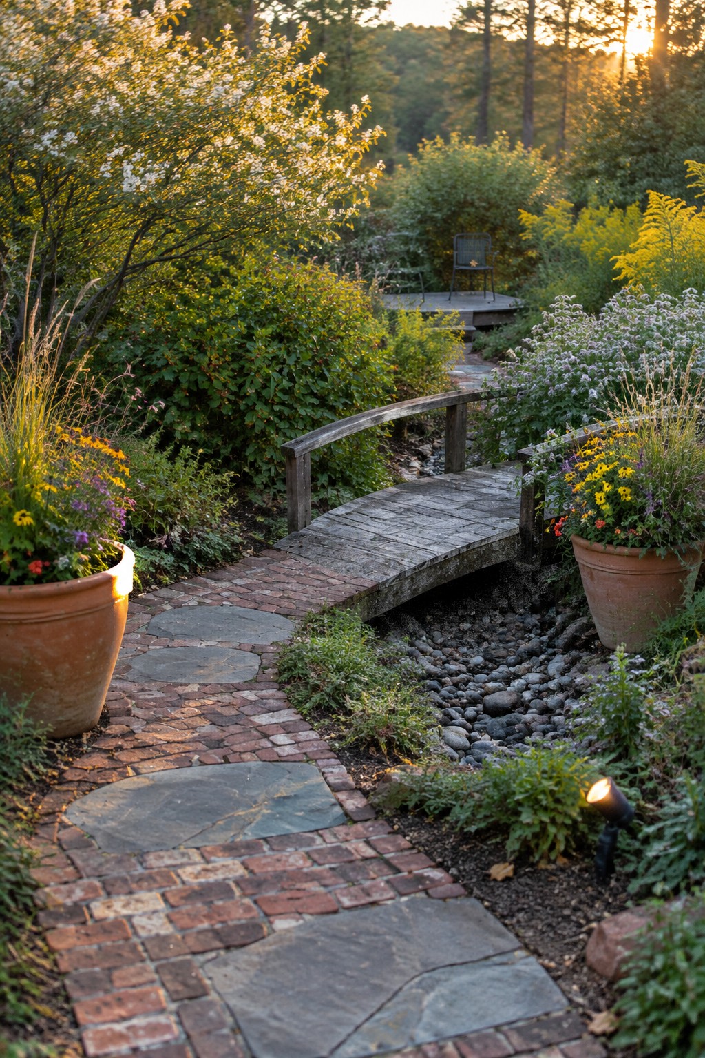 Brick path with stone pavers leads to wooden bridge amid potted flowers at sunset
