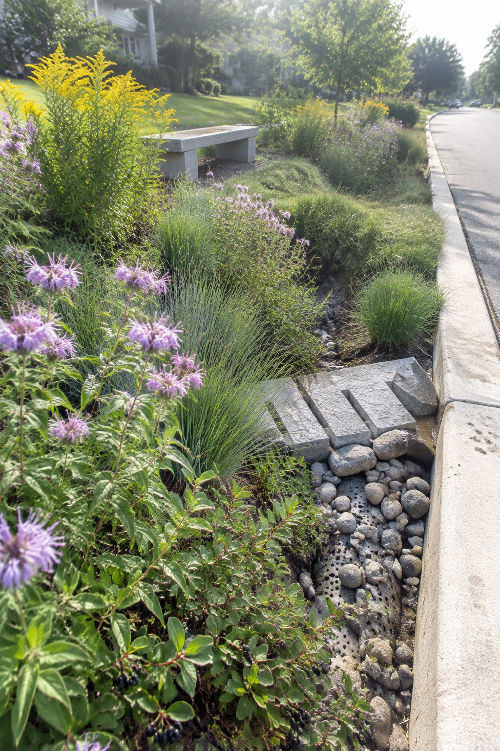 A residential street-side garden with native purple flowers, yellow blooms, and grasses planted along a rocky drainage channel lined with concrete blocks next to a paved road.