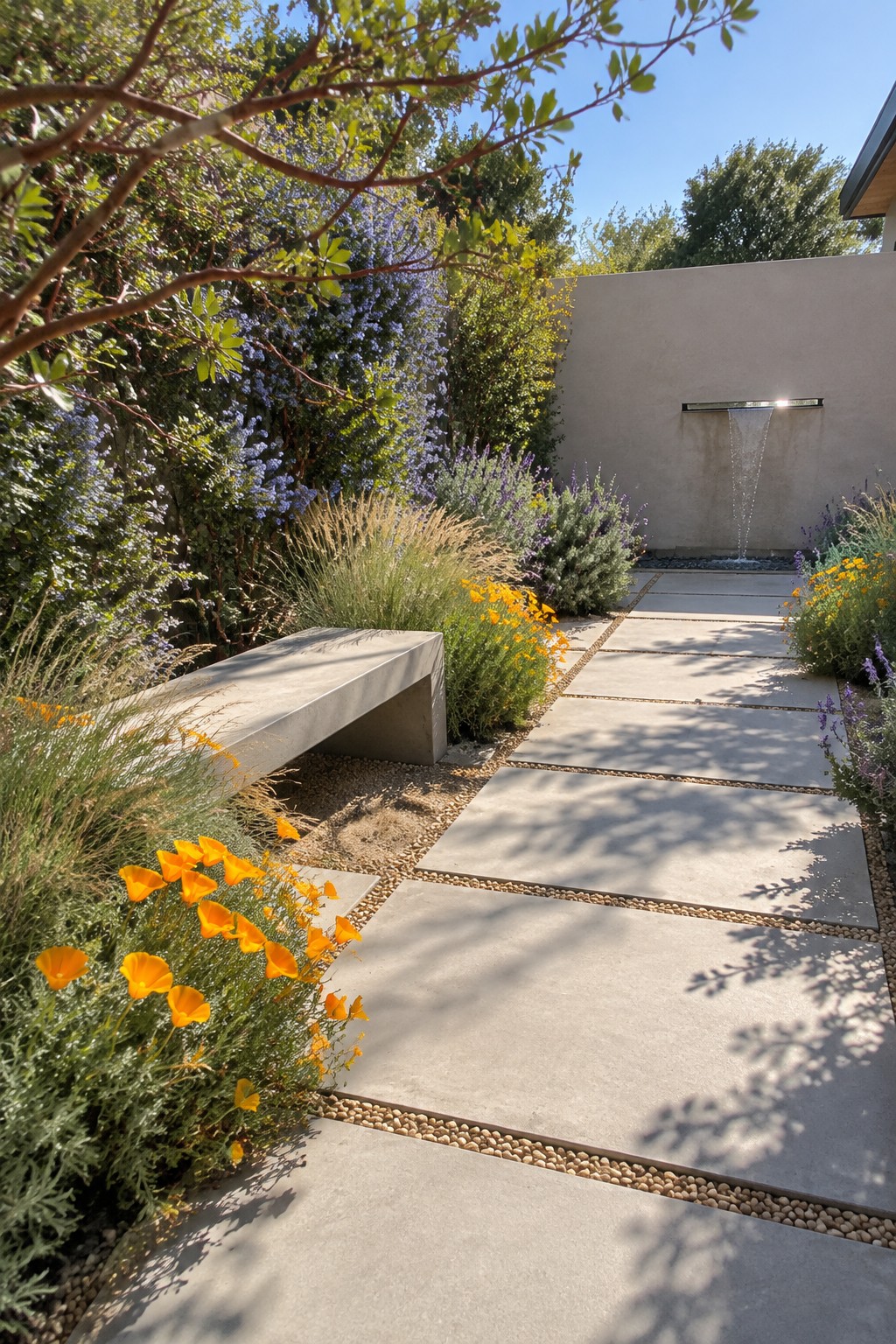 A straight garden path of large concrete pavers divided by narrow gravel strips, lined with orange California poppies, purple flowering shrubs, and ornamental grasses, leading toward a wall with a built-in water feature.