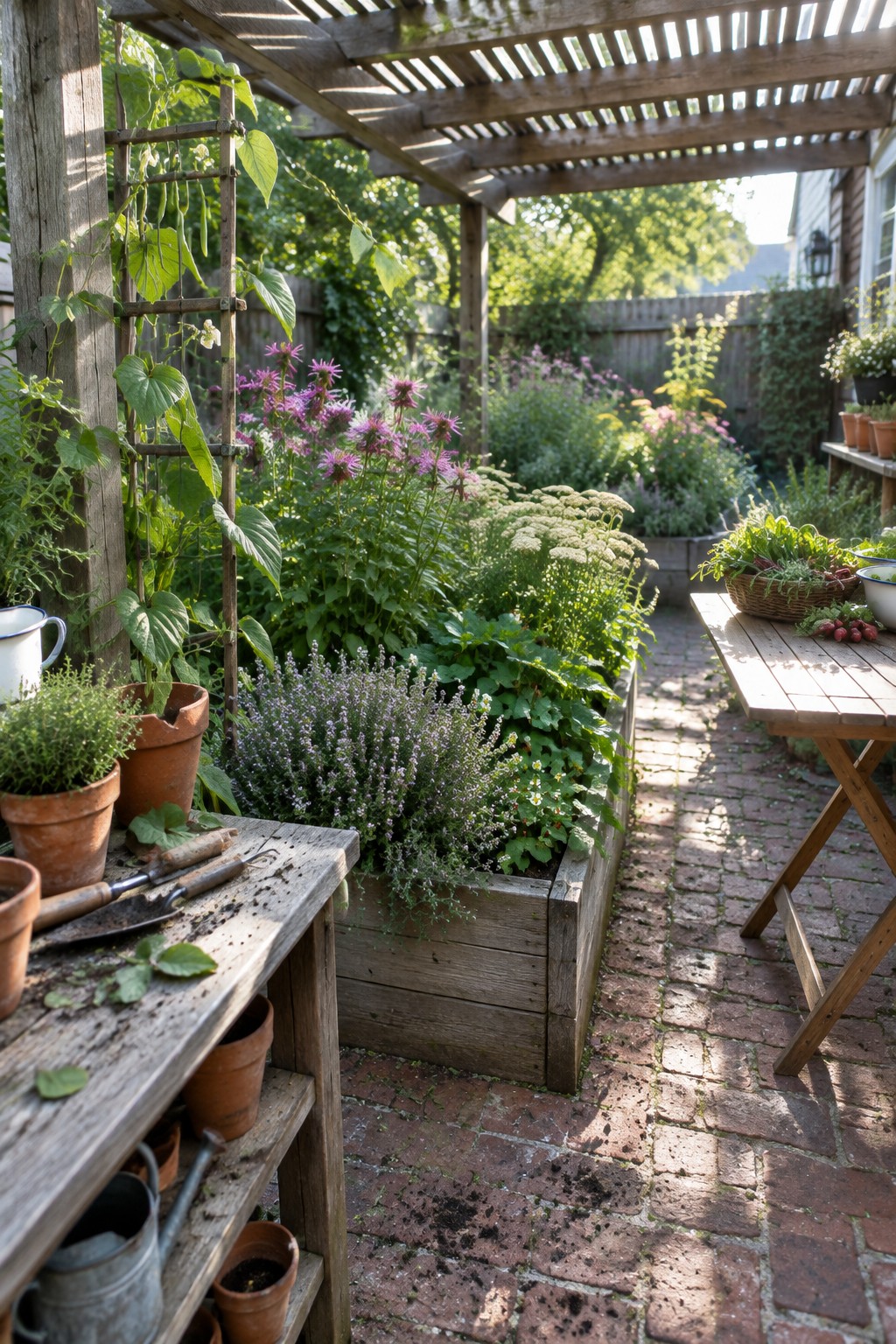 A backyard garden with wooden raised beds containing flowers and climbing vines on a trellis, a brick pathway, and a wooden table holding harvested vegetables.