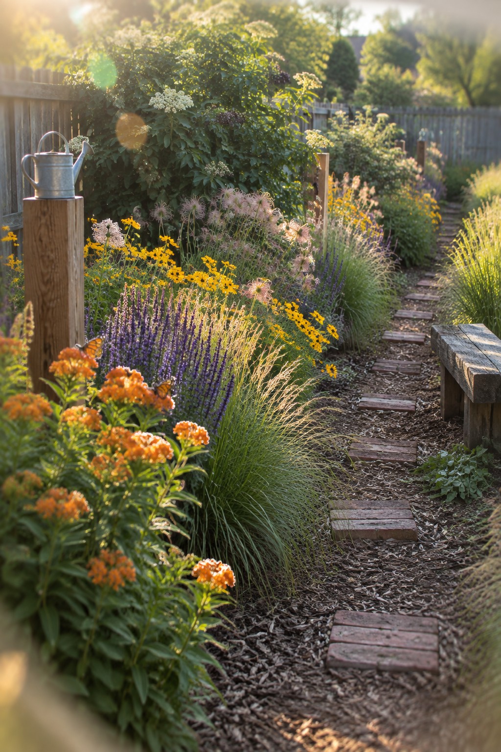 Sunny garden path lined with vibrant flowers, watering can, and bench