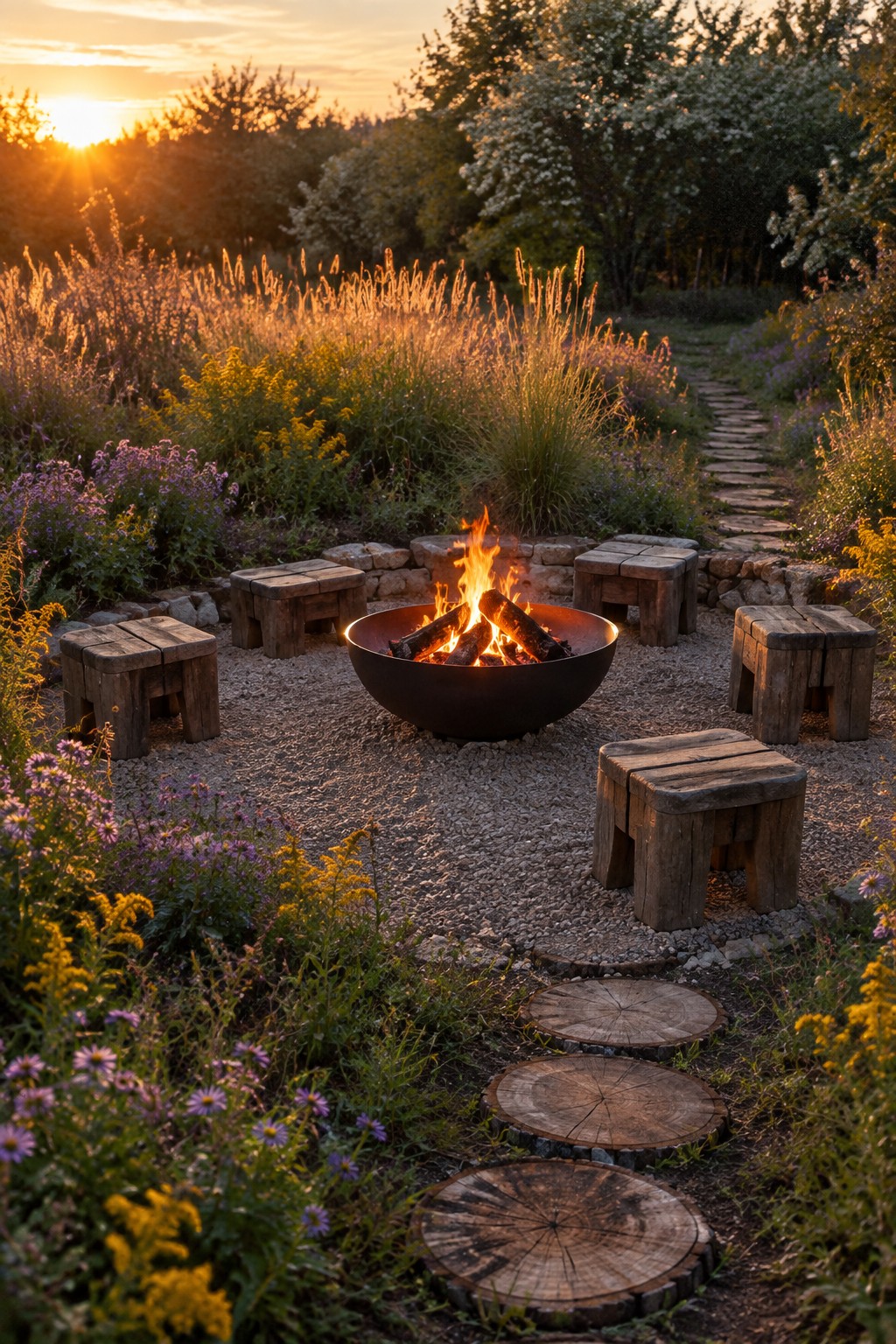 A round metal fire pit with burning logs is placed on gravel and surrounded by wooden stools, native flowers, grasses, and a path of wood slices in a garden setting at sunset.