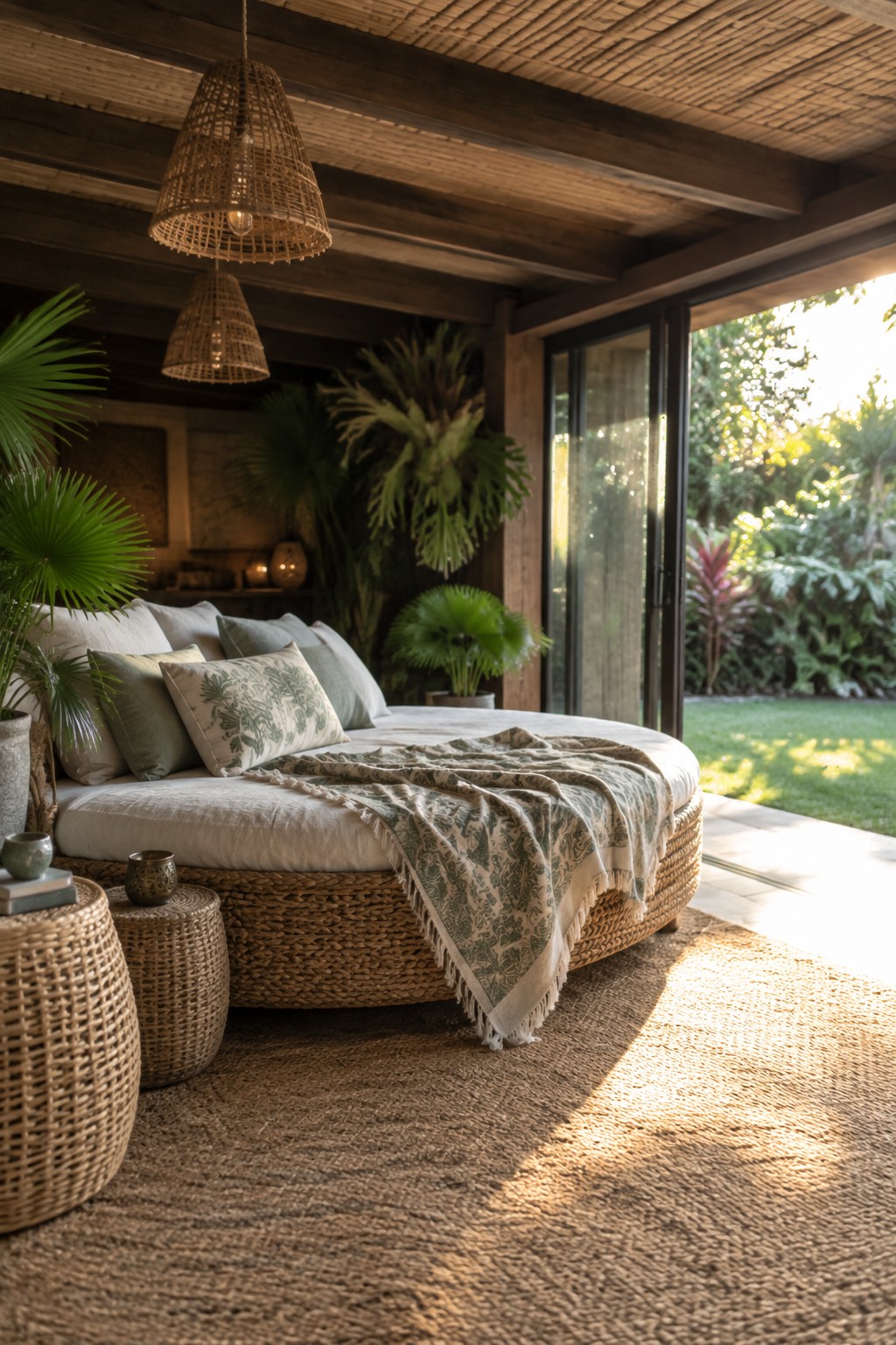 A large round daybed with cushions and a patterned throw sits on a covered wooden patio next to woven stools, surrounded by tropical plants and open to a lawn.