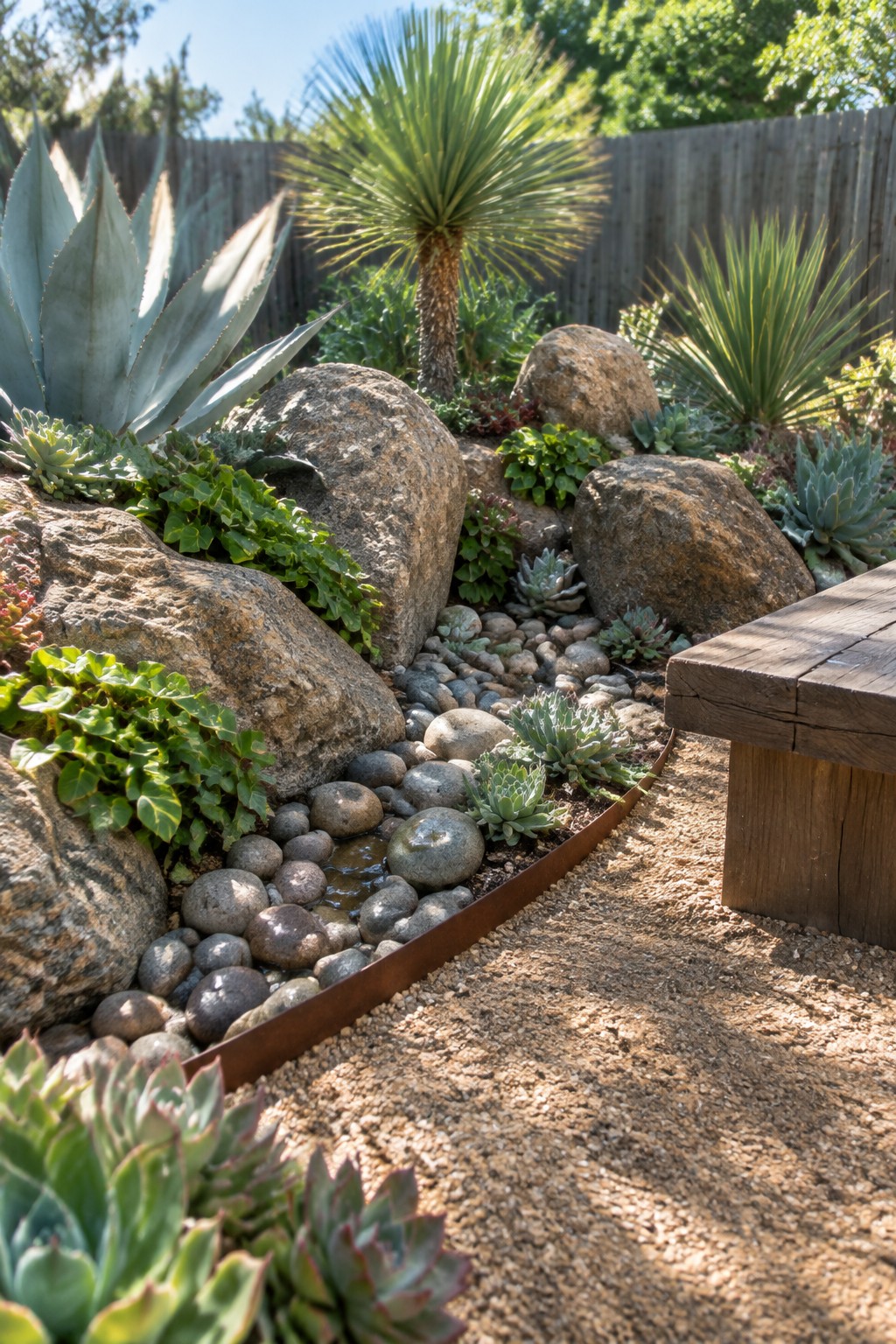 Sunny garden with large rocks, succulents, pebble stream, and wooden bench.