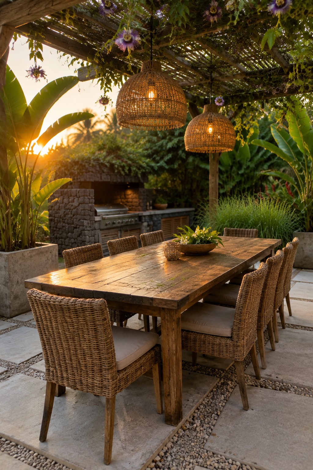 A long wooden dining table with woven chairs sits under a wooden pergola covered in vines and purple flowers, with two woven pendant lights hanging above.