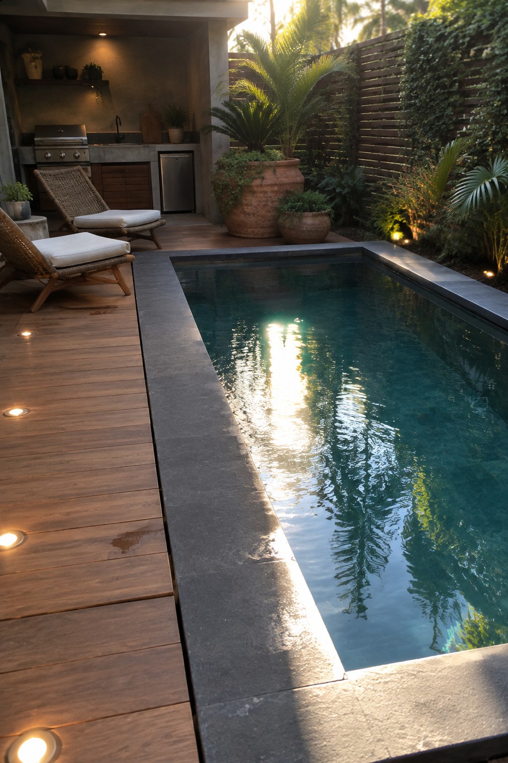A rectangular pool with dark stone coping borders a wooden deck that holds two woven lounge chairs, with an outdoor kitchen and large potted plants visible behind it.