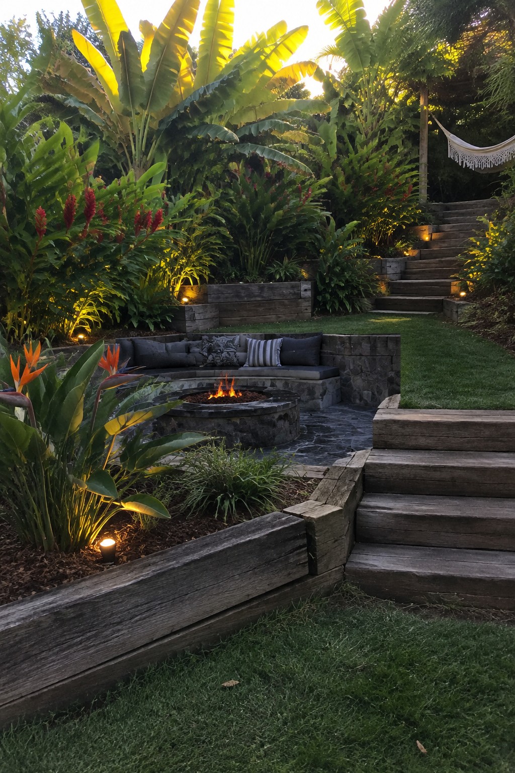 A backyard fire pit area with a curved stone bench, tropical plants, wooden steps, and a hammock in the background.