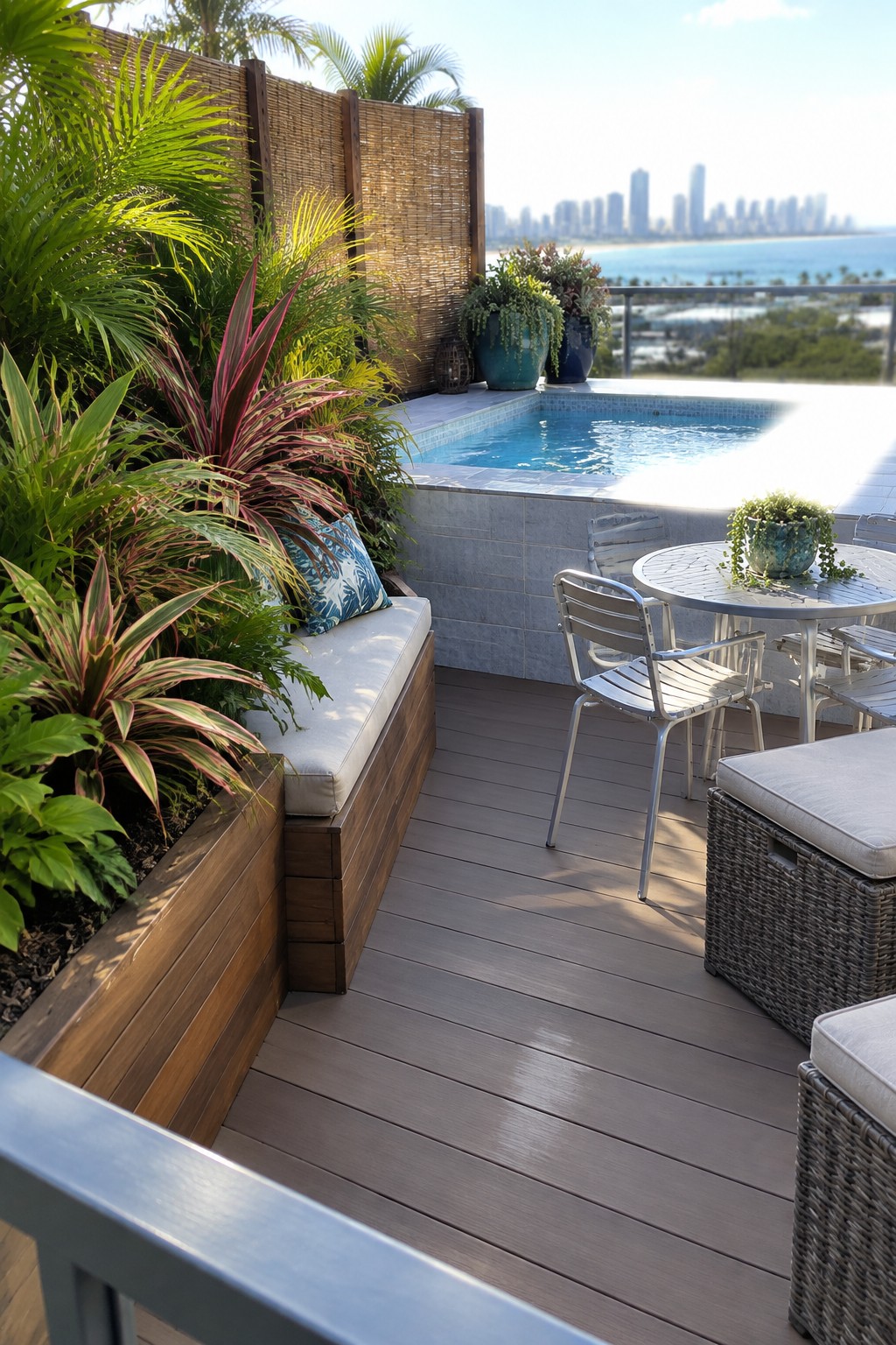 Rooftop deck with built-in wooden bench planters holding tropical plants, a small pool, metal dining set, and wicker seating overlooking a city skyline and water.