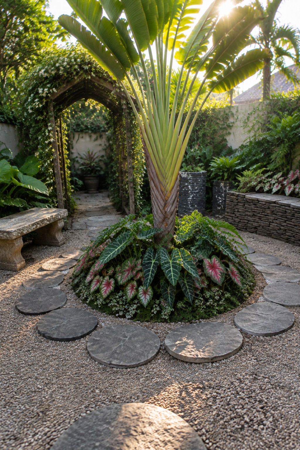 A tall tropical plant with large leaves stands in a gravel garden, surrounded by a loose circle of round stepping stones and smaller colorful plants.