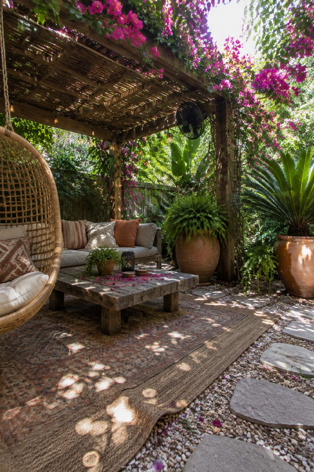 A wooden pergola draped in pink flowering vines shelters a patio seating area with a low table and rug, surrounded by potted tropical plants and a gravel path.