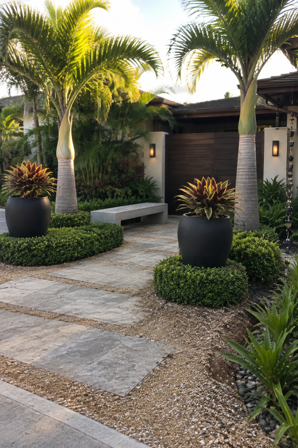 Tropical garden with palm trees, black pots, colorful plants, and stone pathway to house.