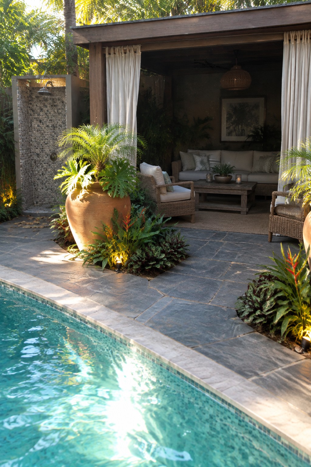 A stone pool deck with a large terracotta planter holding tropical plants, an outdoor seating area under a wooden structure, and a pebble outdoor shower visible nearby.