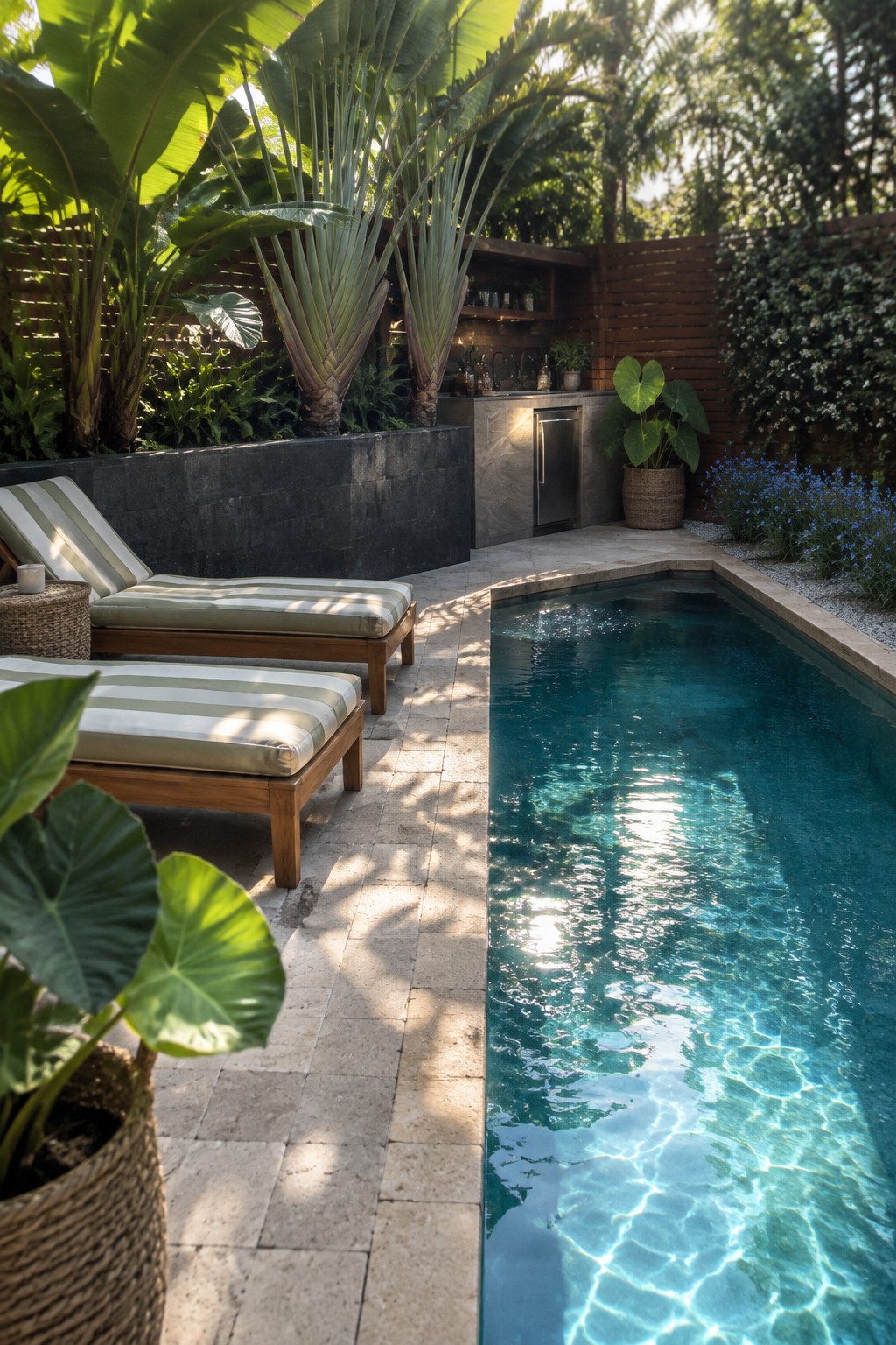 A long rectangular pool with clear blue water runs alongside two striped lounge chairs on light stone paving, with tropical plants and an outdoor bar area in the background.