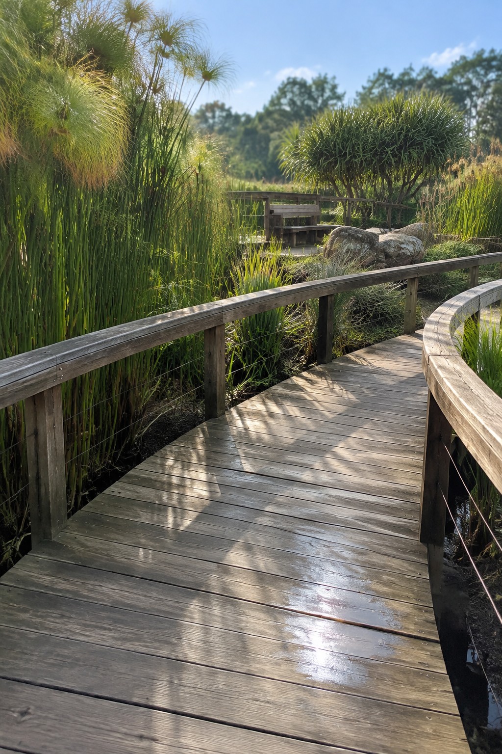 A curved wooden boardwalk with railings passes through tall green tropical plants in a garden setting.