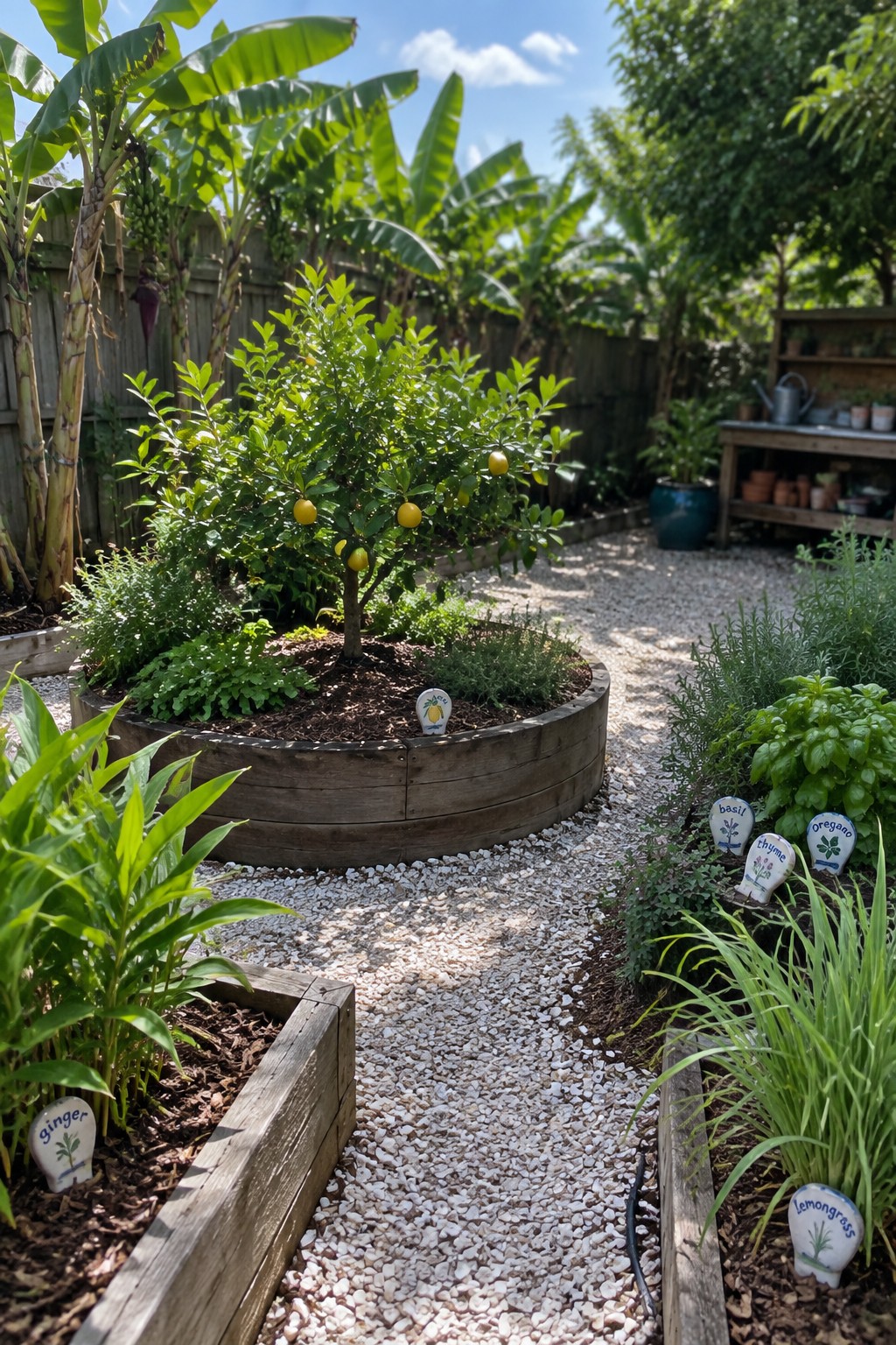 A backyard garden with wooden raised beds containing a lemon tree, banana plants, herbs, and labeled signs, separated by gravel paths.