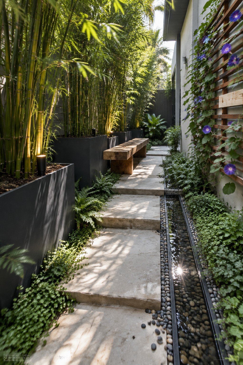 A narrow concrete path bordered on the left by tall bamboo in black planters and on the right by a pebble-lined water channel with purple morning glory vines climbing a wooden trellis.