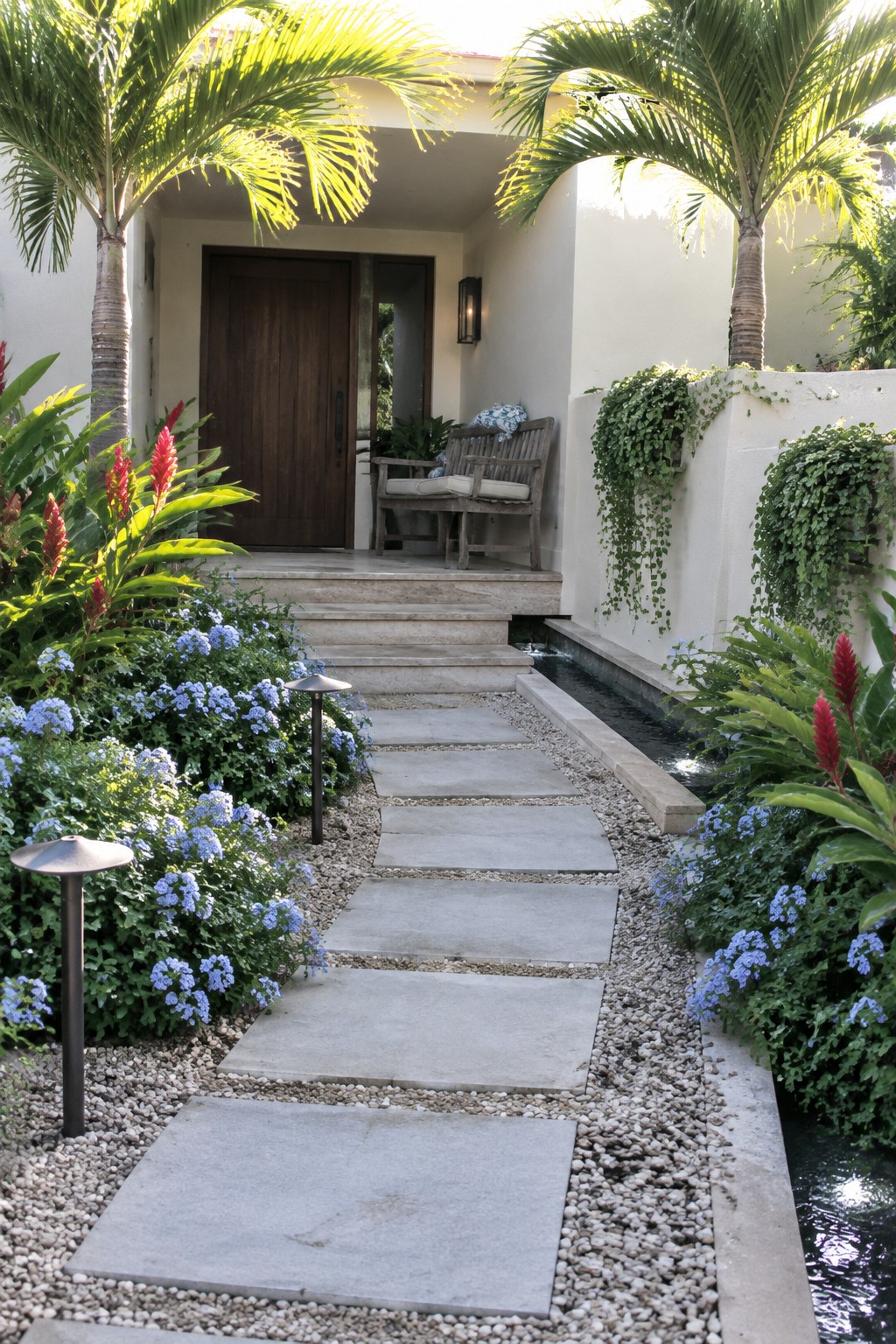 Rectangular stone pavers form a path through gravel beds lined with blue flowering plants, red blooms, and palm trees, leading toward a house entrance beside a narrow water channel.