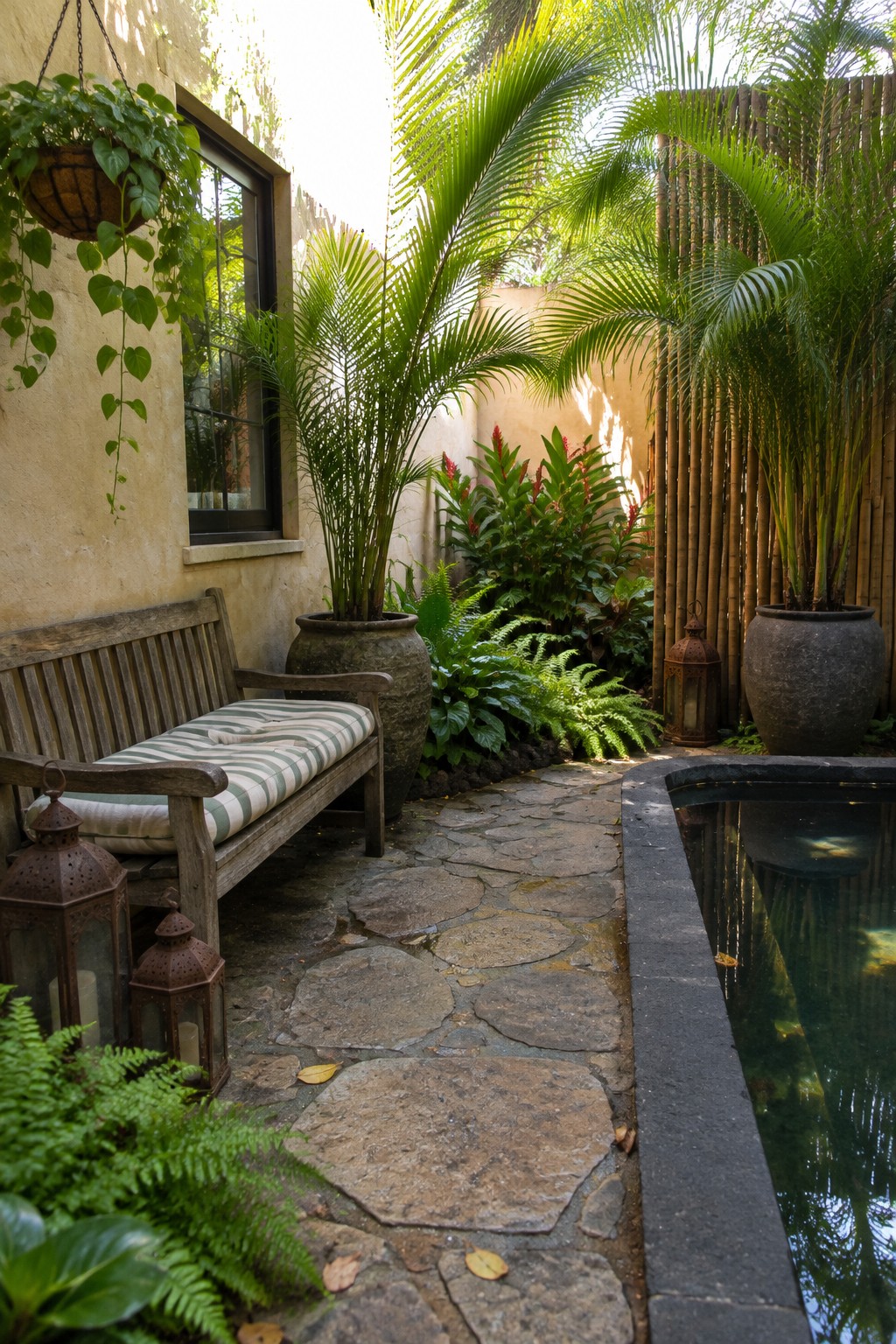 Lush tropical courtyard with stone path, wooden bench, potted palms, and reflecting pool