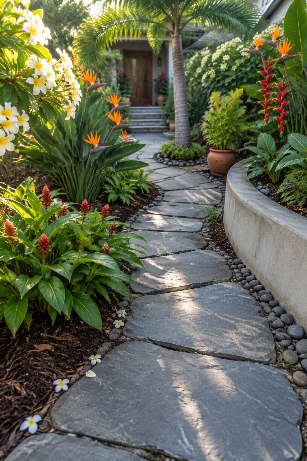 Sunlit stone path winds through lush tropical garden with vibrant flowers and palms