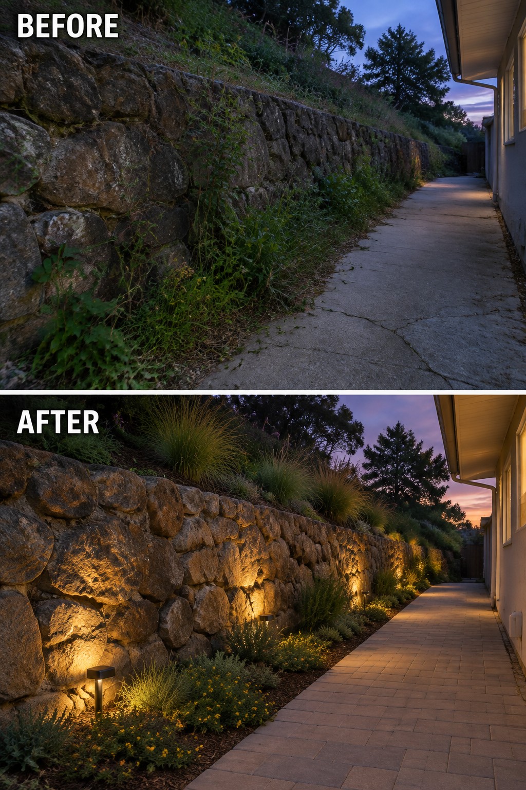 Before and after of stone retaining wall with overgrown plants versus landscaped lighting and paved path