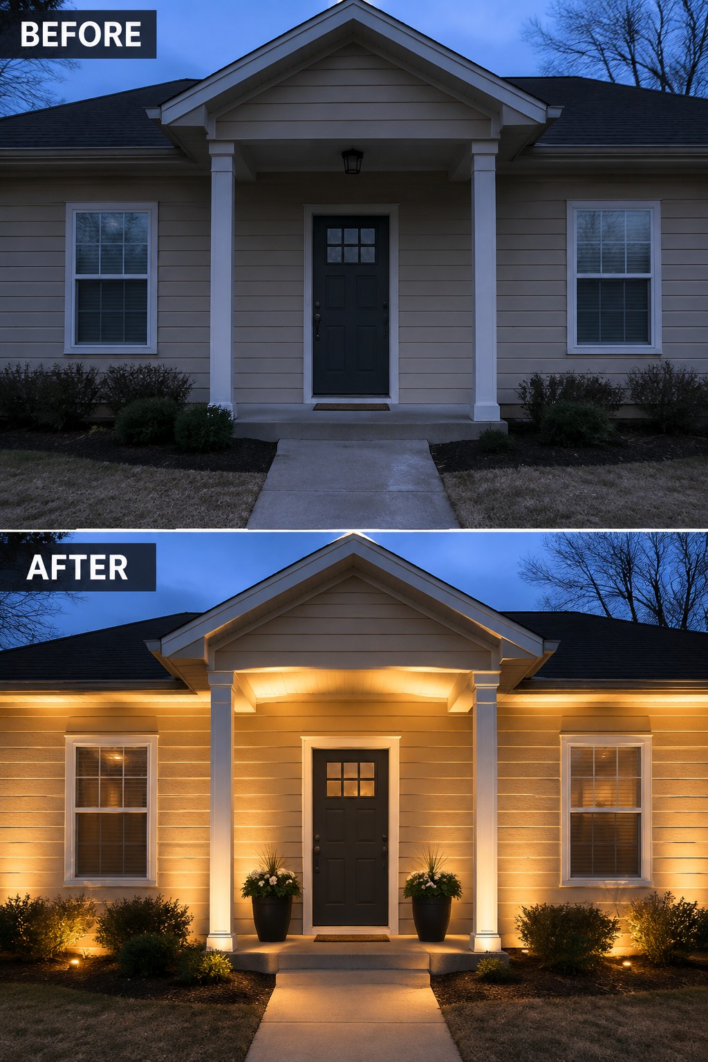 Before and after of house porch with added warm lighting on columns and plants