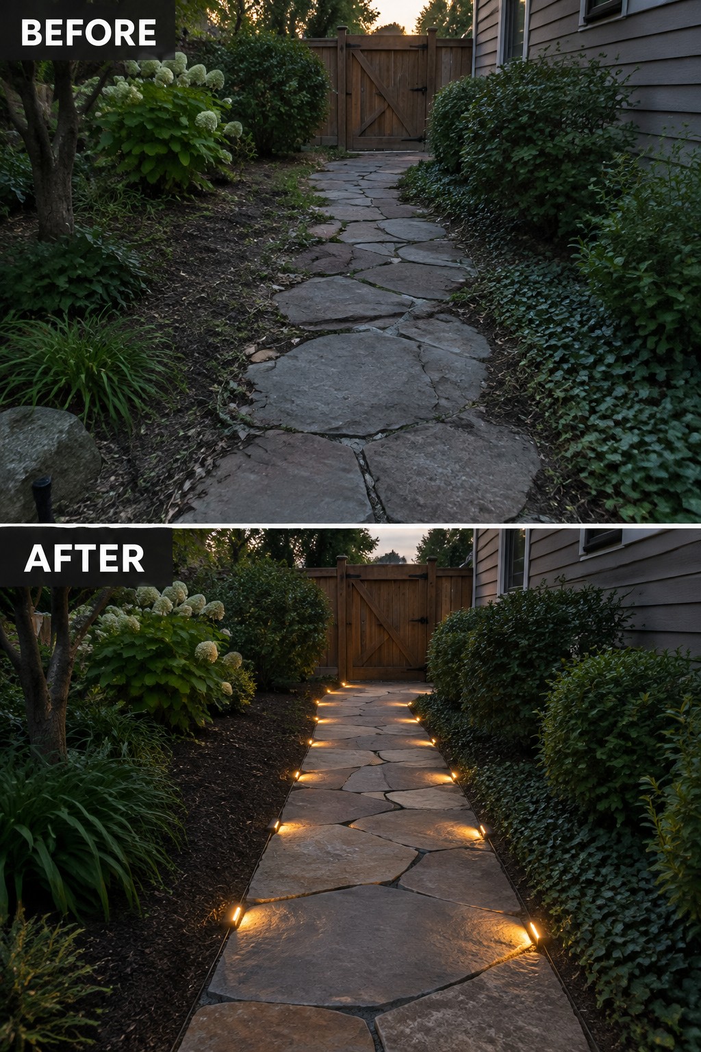 Before-and-after image of a stone garden path updated with low-voltage lighting along both edges.