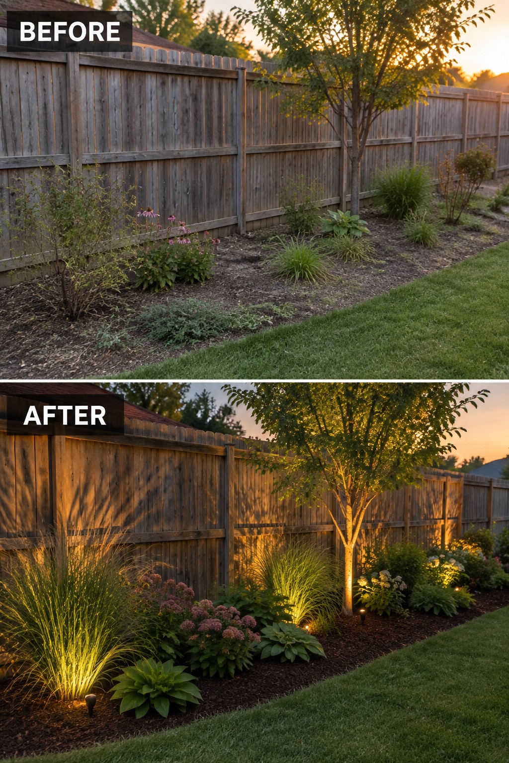 Before and after garden makeover with wooden fence, plants, and glowing lights