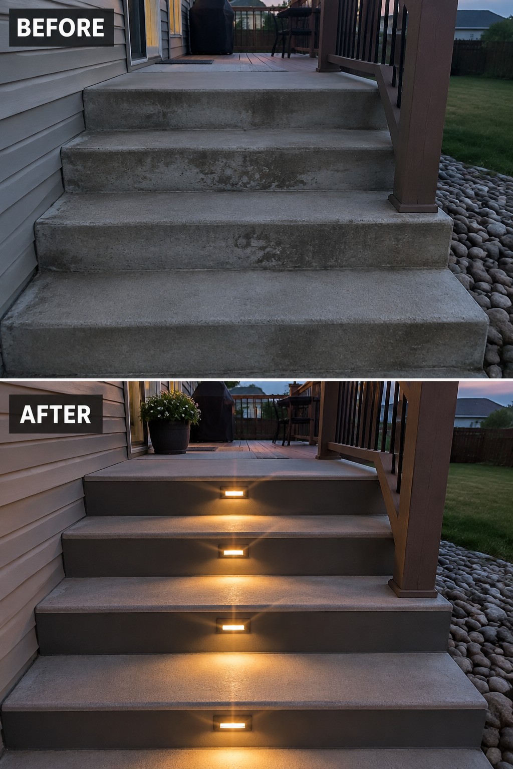 Before-and-after concrete stairs repainted dark gray with glowing LED step lights.