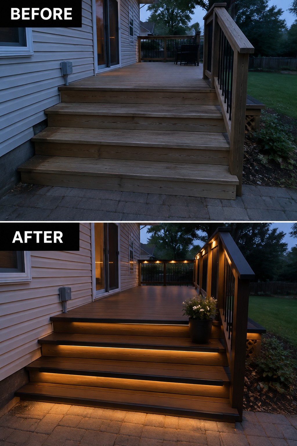 Before and after of deck stairs with added LED under-tread lighting