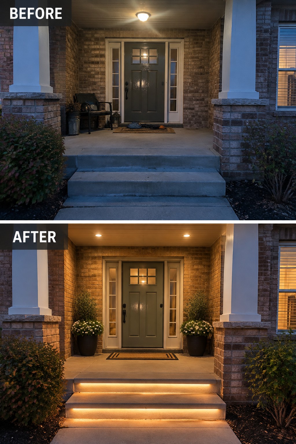 Before and after brick home entrance with potted flowers and glowing step lights