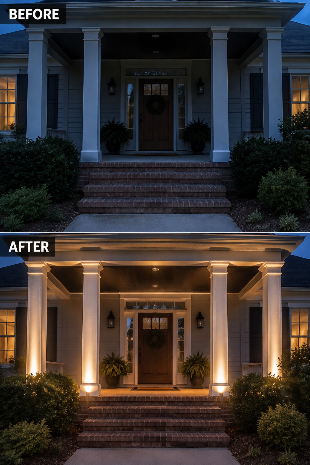 Before and after of house porch with white columns glowing from base lights.