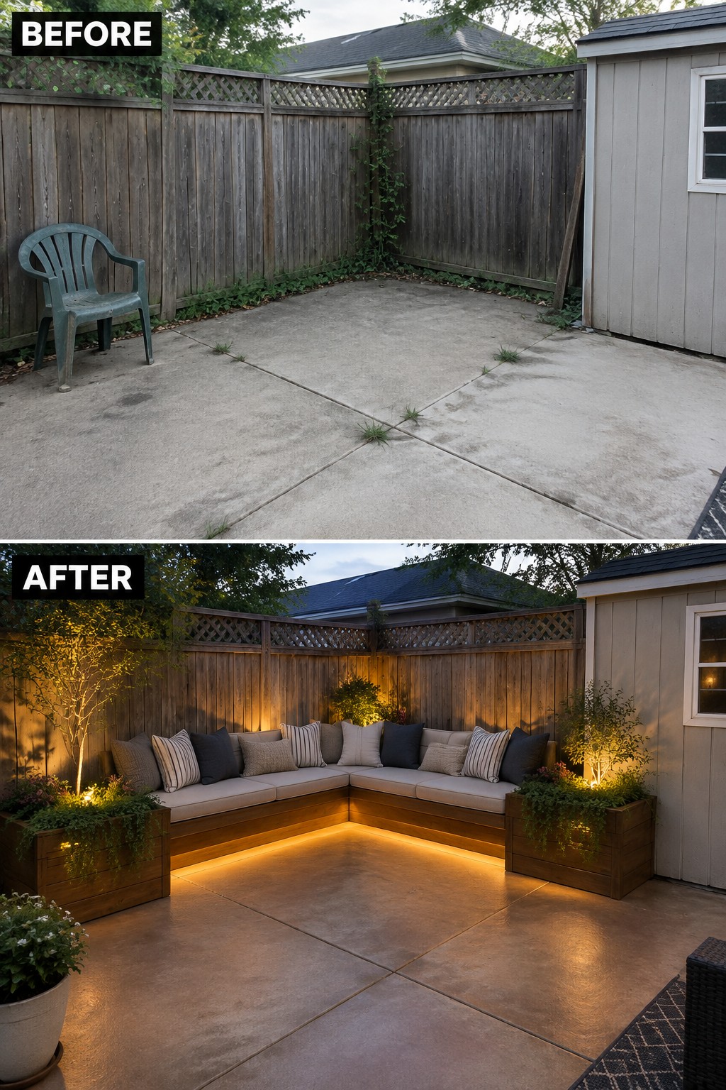 Before and after backyard patio with wooden bench, cushions, planters and lights