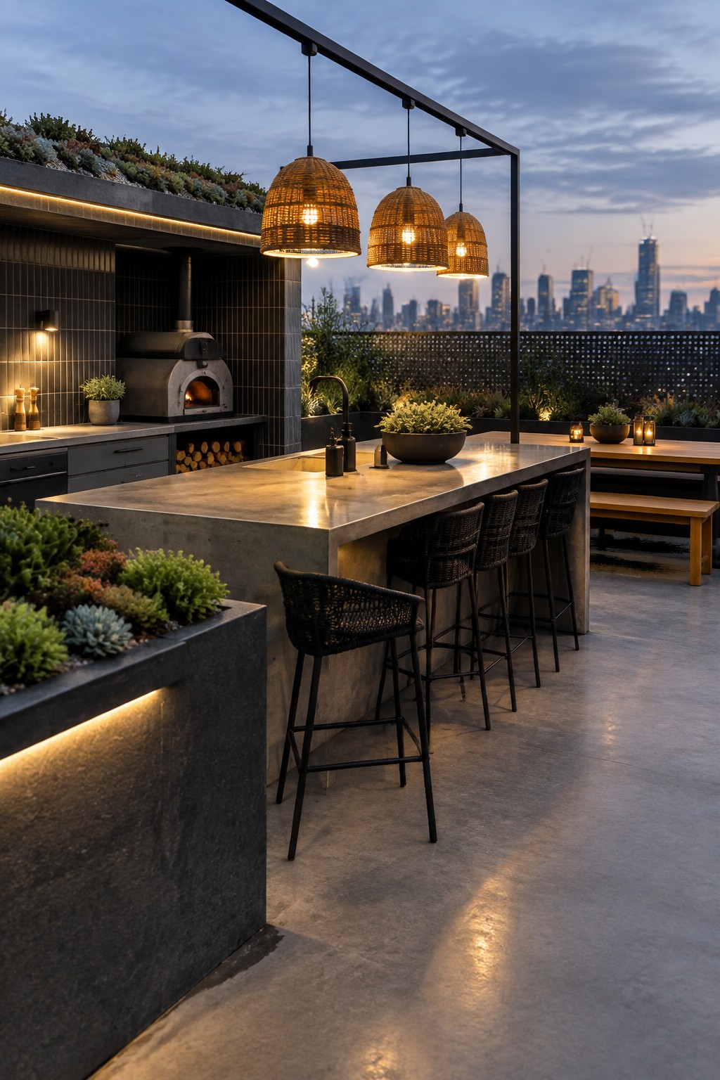 Rooftop outdoor kitchen with concrete island, built-in planters holding succulents, woven pendant lights, black bar stools, and a city skyline view at dusk.