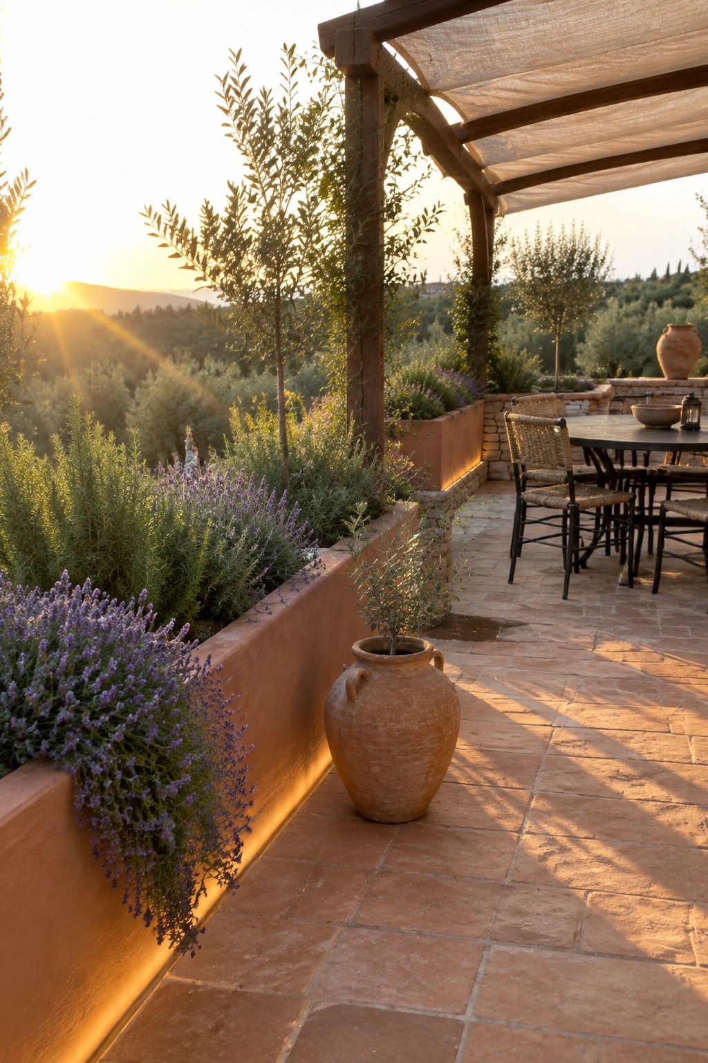 A terracotta-tiled terrace with built-in planters filled with lavender and shrubs, a large clay pot on the floor, and a wooden pergola with a dining table at sunset.