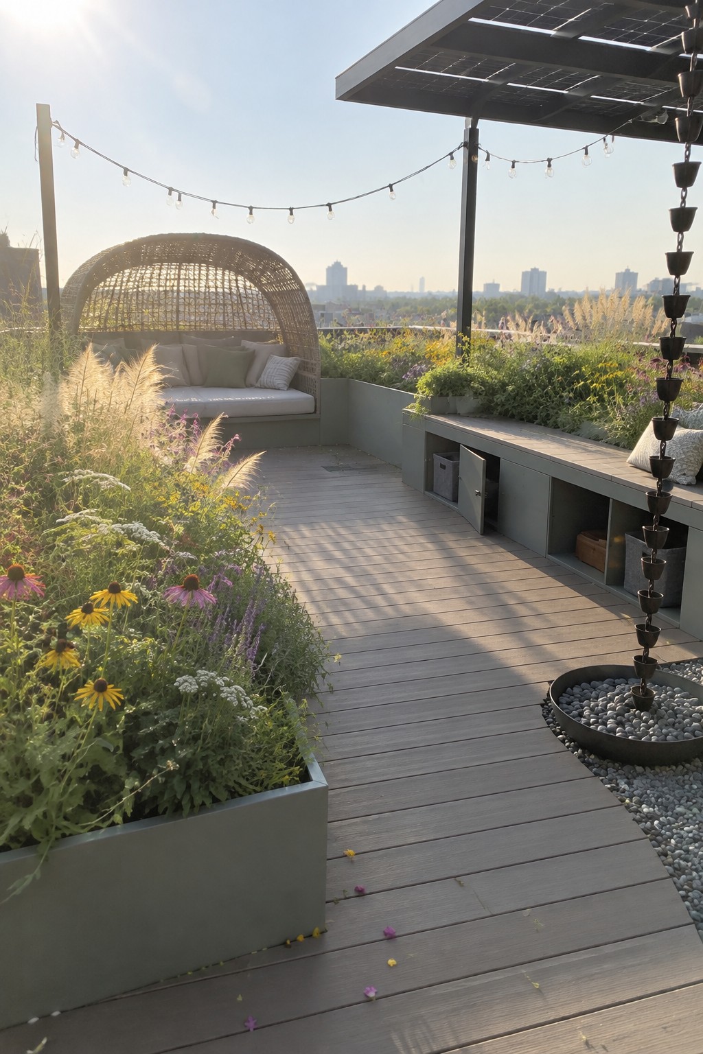 Rooftop deck with gray built-in planters containing flowers and grasses, wooden flooring, a woven egg chair, and a long storage bench under string lights.